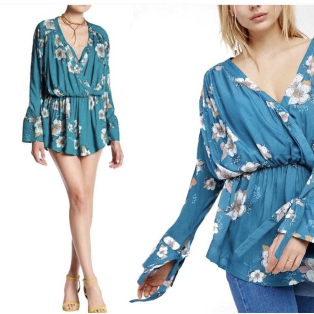 Free People Teal Floral Tuscan Dreams Tunic Blouse Mini Dress Size Small